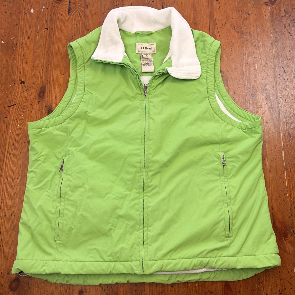 LL Bean Womens L Green Fleece Lined Vest Jacket Full Zip Pockets Size Large